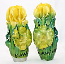2 Vintage Hawaii Carved Wax Flower Candles Yellow Hibiscus Plumeria Tiki Bar picture