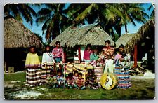 Postcard Florida (Seminole) Indians with Colorful Costumes & Straw Huts     A 3 picture