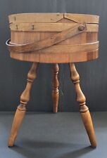 VTG - Round Wood Shaped Wooden Handmade Sewing Box With Pin Cushion And Handle picture
