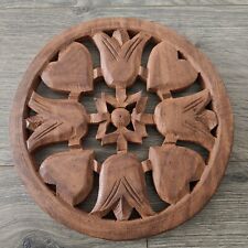 Vintage Hand Carved Wood Footed Round Trivet Hearts & Tulips India 7.5
