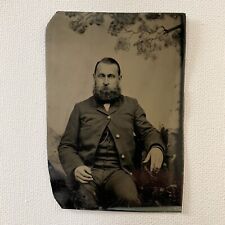 Antique Tintype Photograph Handsome Man Thick Beard Cold Stare Tree NY picture
