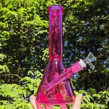 25cm Dark Pink Glass Bong Bubbler Smoking Pipes Shisha Water Pipe W/ Downstem picture