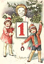 c1930s DUTCH New Year Postcard Snowman Wears Horsehoe Hat Girl Has 4 Leaf Clover picture