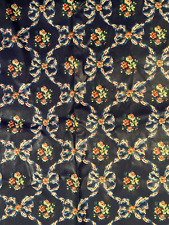 Vintage 1980 House & Home FABRIC 1+ YD Navy Blue FLORAL Ribbon Polished Cotton picture
