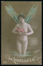 aa French nude woman Bug photomontage original 1910s tinted color photo postcard picture