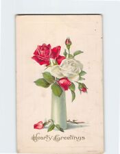 Postcard Hearty Greetings Roses on a Vase Art Print Embossed Card picture