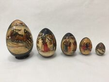 Vintage Russia Nesting Handpainted Wooden Egg 5 Trinket Boxes, Christmas Scene picture