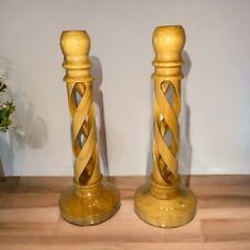 Olive Wood Pair of Tapered Candle Holders Twisted Hallow Hand-Carved Spiral picture