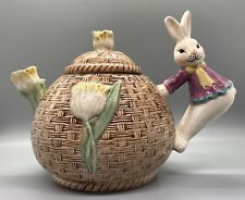 Vintage Bunny Ceramic Teapot, CBK 2000, Tulip, Basketweave Majolica Style Easter picture