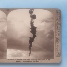 German Observation Balloon Shot Down Burns Gas Smoke Trail WW1 Stereoview C1916 picture