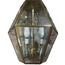 Vtg Hexagon Brass Hanging Beveled Glass French Lamp With Three Candles & chain picture