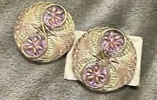 AMAZING LARGE VINTAGE RARE CZECH GLASS LACY GILDED PINK FLOWER BUTTONS picture