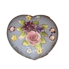 Vintage Japan Ceramic Heart Trinket Vanity Box 3-D Flowers Periwinkle Fun picture
