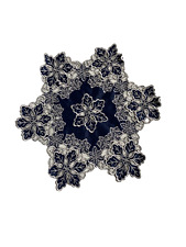 Vintage Handmade Navy Blue Large Doily Round Snowflake flower shapes Silver Trim picture