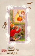 Vintage Adorable Little Boy & Girl, JOL, Owl, Pumpkin,Antique Halloween Postcard picture