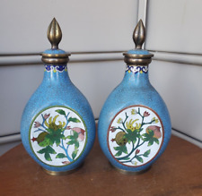 Large Pair Republic Period Chinese Cloisonne Snuff Bottle Jars Urns Peach Flower picture