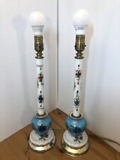 Vintage Pair Milk Glass Table Lamps Hand Painted  Porcelain Base 19