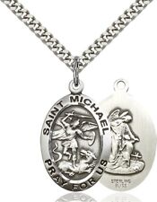 Large Mens Saint Michael The Archangel Medal Pendant Necklace Sterling Silver picture