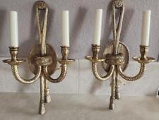 PAIR OF FRENCH LOUIS XVI STYLE BRASS VINTAGE WALL SCONCES RIBBON KNOT TASSEL picture