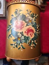 Vintage Plymouth Tole Trash Can Waste Basket Hand Painted Floral on Gold picture
