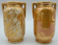 Two Yellow Orange Lusterware Vases Double Handle Signed Made In Japan Vintage picture