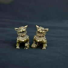 1 Pair Chinese Ancient Bronze Brass Fengshui Foo Fu Dog Lion Beast Bixie Statue picture