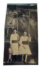 Antique Victorian Tin Type Photograph Creepy Children Girls On Swing picture