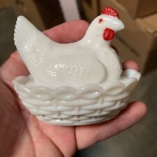 Vintage Hen on Nest Milk Glass White Trinket Box Candy Bowl w/ Lid Red Accent picture