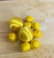 9 Vintage Yellow Satin Ball Round Ornaments Lot Small And Large picture
