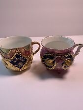 2 Antique Porcelain Germany Gilded Pink Lavender Blue Footed Tea Coffee Cup picture