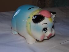 Vintage ceramic piggy bank blue pink yellow no stopper heavy not thin whimsical picture