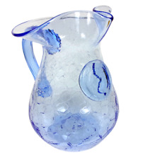 1992 Wheaton Village South New Jersey Crackle Glass Blue Pitcher State of NJ Map picture