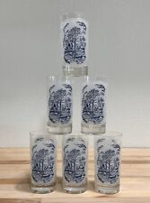 6 VTG Currier and Ives Drinking Glasses 12 oz Old Grist Mill White & Blue 5 5/8