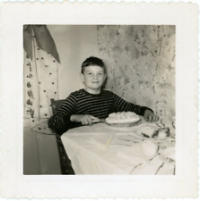 VTG Photo Young Boy Short Haircut Kitchen Table Thanksgiving Cutting Cake Pie picture