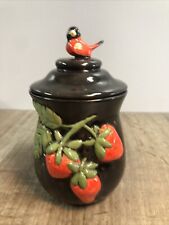 Vintage Strawberry Ceramic Jar Lid Storage Cottagecore Signed Cardinal Bird B5 picture