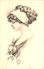 Beautiful Drawing of A Woman's Side Profile With Curly Hair Up, Art Postcard picture