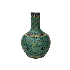 Vintage Chinese Turquoise Ceramic Enamel Flower Birds Theme Fat Vase ws3532 picture