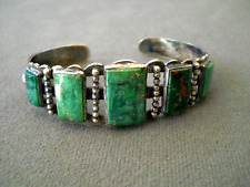 Old Native American Navajo Green Rectangular Turquoise Row Stamped Bracelet picture
