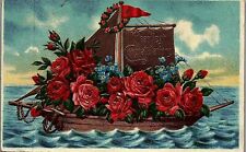 1909 HEARTIEST CONGRATULATIONS FLORAL SHIP GERMAN GILDED EMBOSSED POSTCARD 29-5 picture
