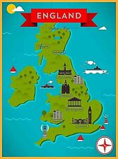 Map of England Great Britain United Kingdom Retro Travel Art Poster Print picture