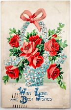 Antique Postcard PMK 1911 WITH LOVE & BEST WISHES Roses in Flower Basket picture