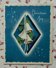 Vintage Mid Century “Christmas Joy” Silver Bells & Holly Blue Greeting Card picture