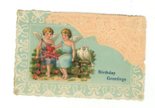 Vintage Postcard BIRTHDAY ANGELS  HEARTS  DOVES PAPER LACE  EMBOSSED POSTED 1908 picture