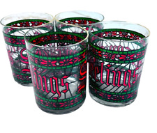 Set of 4 Vintage Houze SEASONS GREETINGS Low Ball Christmas Glasses Red & Green picture