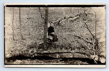 Old Woman Sitting on Log Above Creek Woods Logging RPPC Postcard c.1910 picture