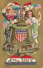 Embossed 1911 JULY 4TH Patriotic Postcard Children Flag Liberty Bell 1776 SHIELD picture