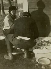 Two Men Crouching With Dirty Dishes Back To Camera B&W Photograph 2.5 x 3.5 picture