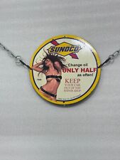 RARE SUNOCO PORCELAIN PINUP BABE GAS OIL LUBRICANTS REPAIR SHOP PUMP PLATE SIGN picture