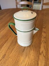 Vintage 1930’s French Cream and Green Enamelware Dripolater Coffee Pot picture