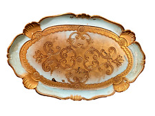 Vintage Florentine Italian Tole Tray Aqua Blue Gold Filigree Scroll Work 9